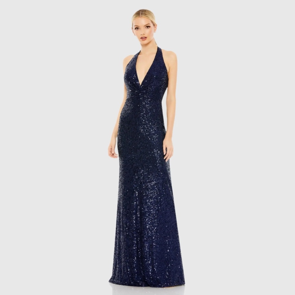 MAC DUGGAL Navy Sequined Halter Strap Plunge Neck Gown NWT $250 SZ 18